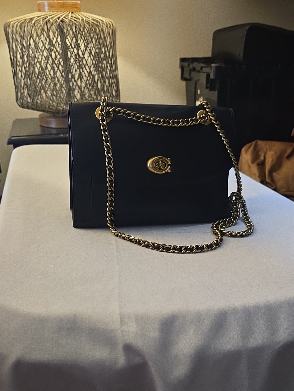 Coach Black Leather Shoulder Bag with Gold Chain & Turnlock